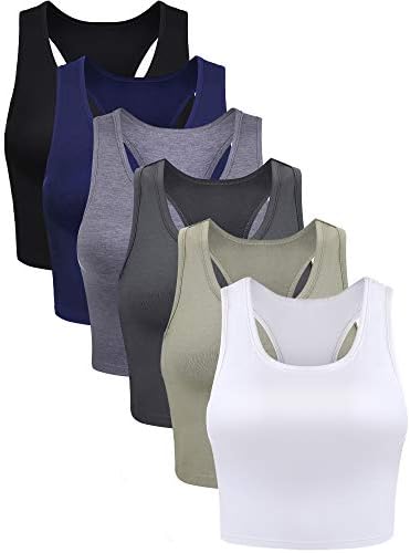 6 Pieces Basic Sleeveless Racerback Sports Crop Tank Tops for Women Girls Daily Wearing (Black, White, Dark Grey, Navy, Grey, Olive, L)