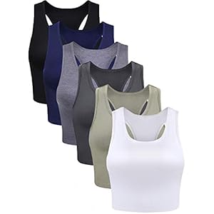 6-Pieces-Basic-Crop-Tank-Tops-Sleeveless-Racerback-Crop-Sport-Top-for-Women 6 Pieces Basic Sleeveless Racerback Sports Crop Tank Tops for Women Girls Daily Wearing (Black, White, Dark Grey, Navy, Grey, Olive, L)