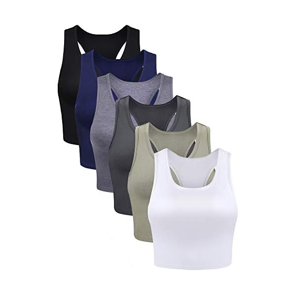 6-Pieces-Basic-Crop-Tank-Tops-Sleeveless-Racerback-Crop-Sport-Top-for-Women 6 Pieces Basic Sleeveless Racerback Sports Crop Tank Tops for Women Girls Daily Wearing (Black, White, Dark Grey, Navy, Grey, Olive, L)