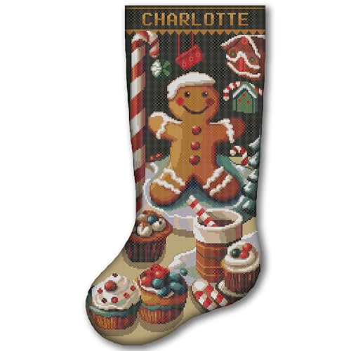 Cross Stitch Kits for Adults Stamped Personalized Christmas Stockings Cute Gingerbread Man Cookie Needlepoint Counted Easy Holiday Patterns for Beginners Embroidery Kit for Christmas Home Dcor DIY