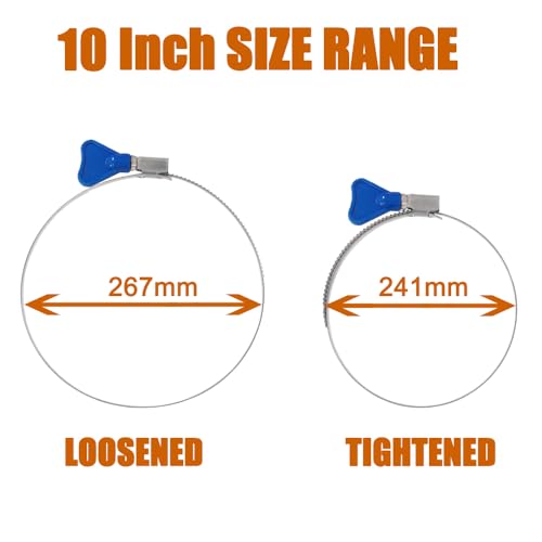 Image of ISPINNER 2pcs 10 Inch Key-Type 304 Stainless Steel Worm Gear Hose Clamps, Adjustable Size Range 241-267mm Clamps for Dryer Vent, Dust Collector