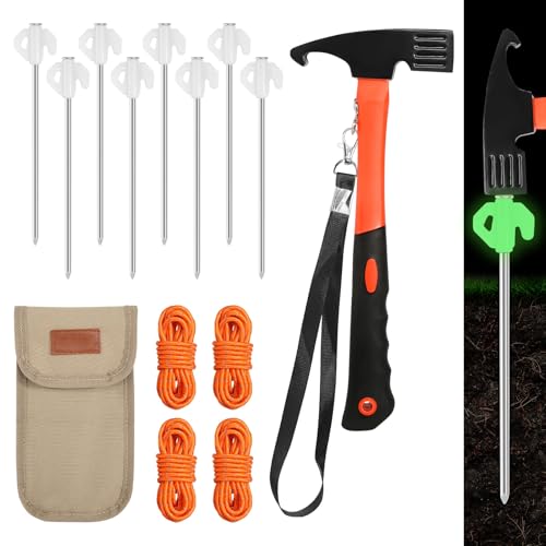 Zeltheringe 8 Stück Leuchtende Zelt Heringe mit Multifunktions Camping Hammer und 4 Stück 4M Reflektierend Abspannseile Seil und Heringe Aufbewahrungstasche Zelt Zubehör für Camping Outdoor