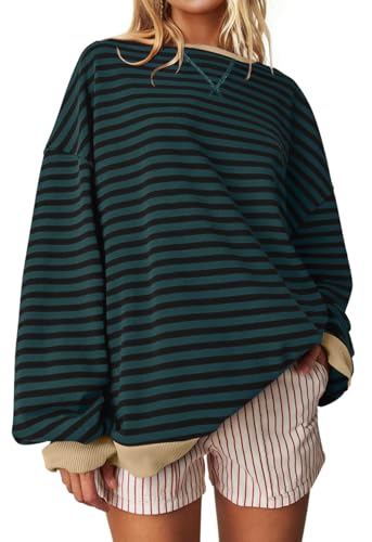 Image of UEU Women Oversized Striped Crewneck Sweatshirt Long Sleeve Color Block Pullover Tops Casual Loose Workout Shirt