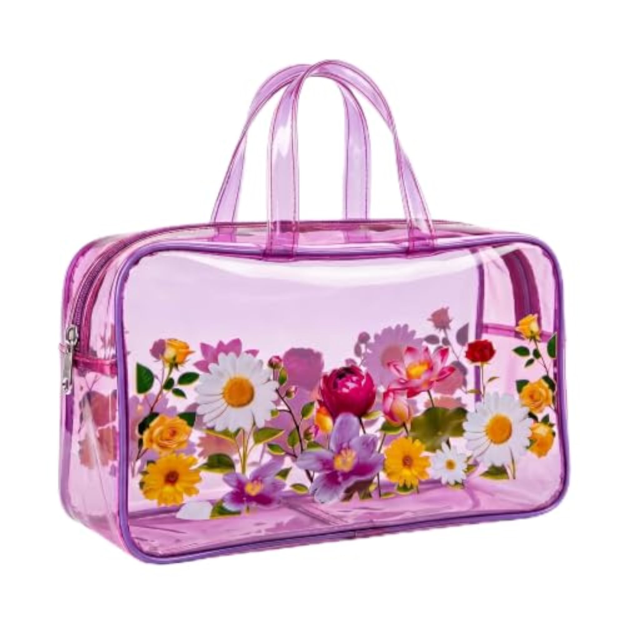 Clear PVC Cosmetic Bag with Floral Print, Pink Transparent