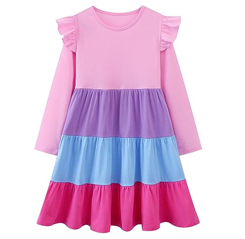 Image of Girl Long Sleeve Dress Ruffle Rainbow Color Block Cotton Casual Tiered Pleated Twirly Dress