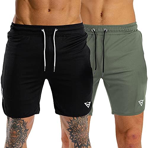 Wangdo Men's Workout Shorts 7" Running Shorts Athletic Bike Shorts Gym Shorts for Men with Zipper Pocket(Black+Green-S)