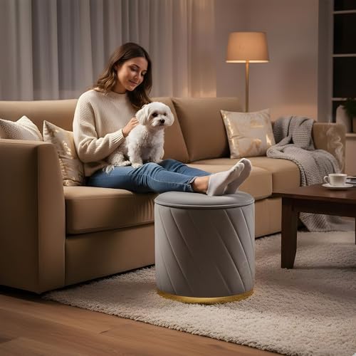 Image of Luxury Round Velvet Ottoman Stool with Gold Base - Modern Upholstered Footrest Pouffe, Tufted Vanity Seat, Living Room Bedroom Dressing Stool (Grey)