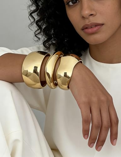 Image of Chunky Gold Bangle Bracelets for Women, Dainty 14k Gold Plated Big Stackable Bangles Set, Trendy Statement Cuff Bracelet Stack Fashion Jewelry Gifts