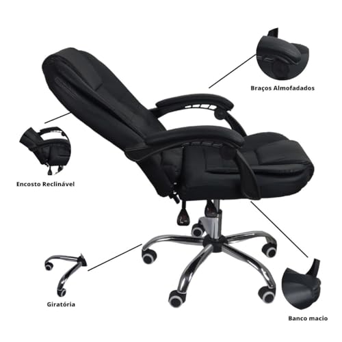 Cadeira De Escritório Presidente Reclinável Ergonômica - Preto