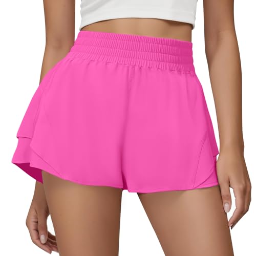 FireSwan Running Shorts for Women 2 in 1 High Waisted Quick Dry Butterfly Flowy Athletic Gym Yoga with Pockets Hot Pink X-Small