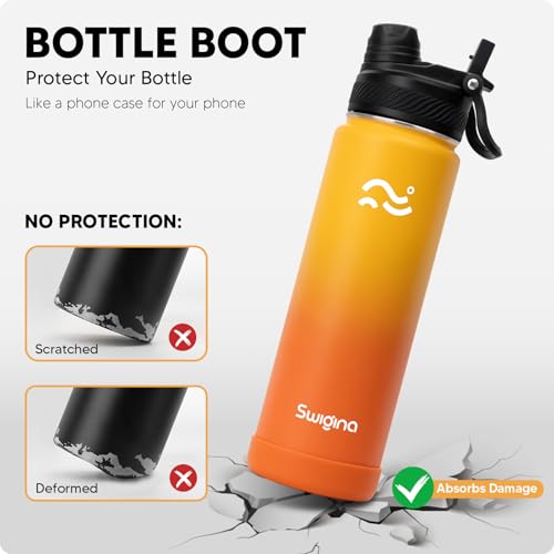 Image of Swigina [2-IN-1 LID] Insulated Water Bottle with Silicone Boot (36hrs Cold /18hrs Hot) - DIY Stickers, Leakproof, BPA Free, 24 oz