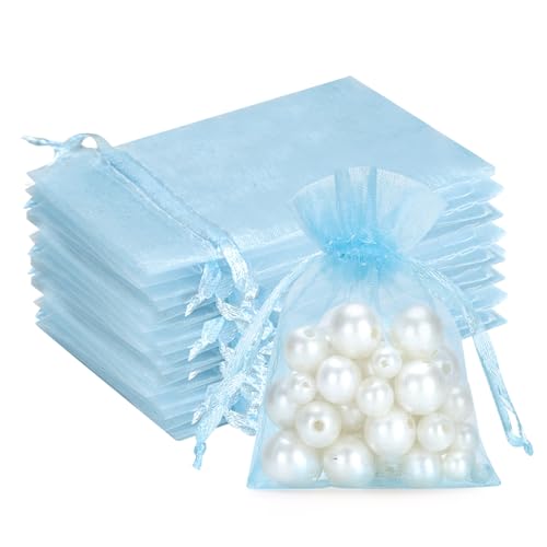 G2PLUS Lot de 50 petits sachets en organza bleu bébé - 7 x 9 cm - Petit cadeau - Sachets en organza - Avec cordon de serrage - Pour bonbons de mariage