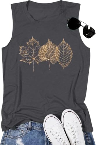 Womens Vintage Plant Print Tank Top Summer Sleeveless Gardening Shirts Nature Hiking Outdoor Funny Leaf Graphic Tops-L (Grey)