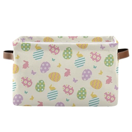 Image of Easter Eggs Cute Storage Basket with Waterproof Liner and PU Handles Happy Easter Day Bunny Rabbit Butterfly Storage Bins Boxes 14.2 inch Collapsible Decorative Organizer Baskets for Bedroom Closet 1 Pack