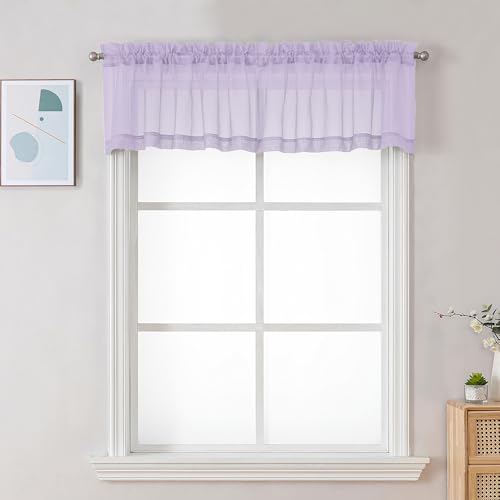Image of Chyhomenyc Sheer Valances for Windows 2 Pack, Small Window Curtains for Living Room Bathroom Cafe Laundry Basement, Modern Top Dual Rod Pocket Voile Curtain, 42W x 18L inches, Lilac