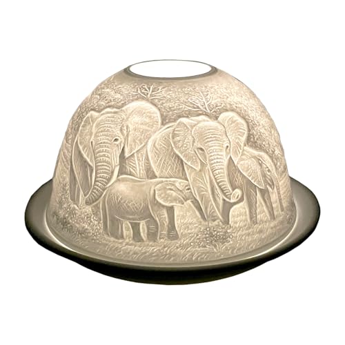 Cello Porcelain Tealight Holder Dome - Elephant Family Design with 3D Projection Image for Scented Unscented LED Candle Wax Warmer Gift Ornament for Home Bedroom Birthday Present Mum Dad