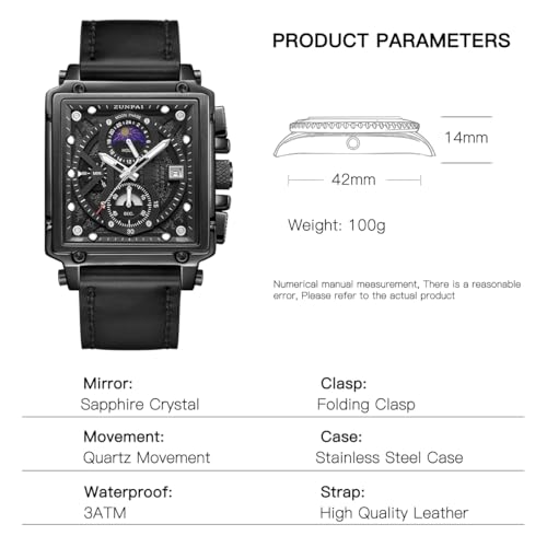Image of ZUNPAI Moon Phase Watch for Men Multifunction Chronograph Dial Analog Quartz Square Wristwatch Business Dress Watch with Luminous Waterproof Calendar Silicone Strap