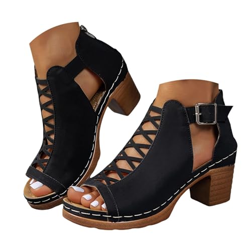 Summer Sandals for Women 2025 Summer Dressy Fashion Open Toe Sandals Chunky Heels Adjustable Straps Ankle Strap Zipper Back High Heel Sandal