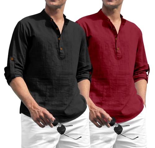 Image of Zombom Combo of Men's Solid Cotton Polyester Blend Full Sleeve Straight Kurta Shirt (Pack of 2)