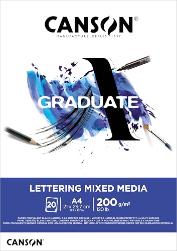 Canson Graduate, Papel Lettering Mixed Media, Grano Suave, 200gsm, 123lb, Bloc Encolado Lado Corto, A4-21x29,7cm, Blanco Natural, 20hojas