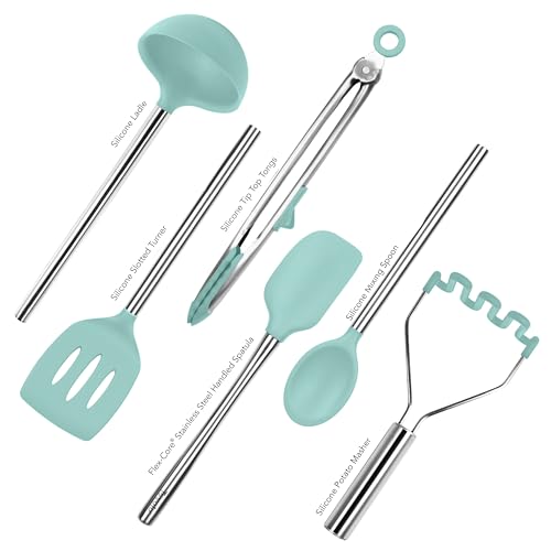 Image of Tovolo Silicone Cooking Utensil Set of 6 Stainless Steel Handle Ladle Slotted Turner Tongs Flex Core Spatula Scraper Mixing Spoon & Masher, Dishwasher Safe BPA Free Utensils, Aqua Seafoam Green