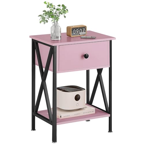 Image of VECELO Nightstand,Modern Bedside End Table, Night Stand with Drawer and Storage Shelf for Living Room Bedroom, Industrial Metal Frame