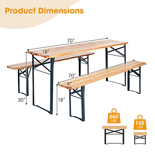 Tangkula 3 Piece Folding Picnic Table Bench Set, Foldable Wood Picnic Table With 2 Benches With Heavy-Duty Metal Frame, Space-Saving Outside Table And Bench Set For Backyard, Patio, Garden (Natural) #TOP6