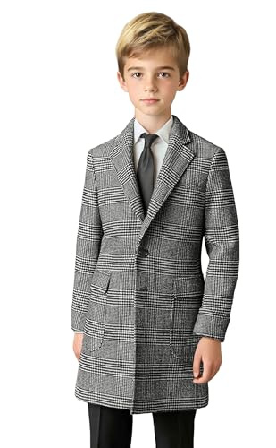 Boys' Tweed Trench Coat Plaid Long Jacket Formal Casual Peacoat Fall Winter Warm Overcoat