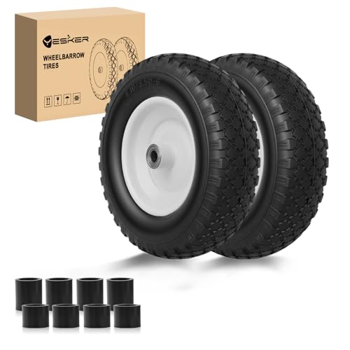 Yesker 4.10/3.50-6 Flat-Free Tires and Wheels 12 Solid Wheelbarrow Tire with 5/8 Bearing 2.2 Centered Hub for Wheelbarrow Garden Gorilla Cart Hand Truck (2 Pack)