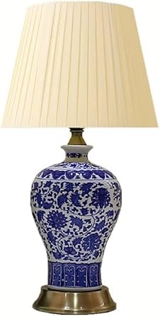 Table Lamp Bedside Nightstand Ceramic Desk Pleated Shade Light with Metal Base Living Room Bedroom StudyDimmer Switch,26 * 48cm