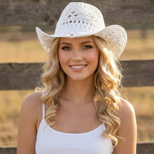 Image of Men & Women's Summer Cowboy Cowgirl Straw Hat Hollow Out Woven Roll Up Wide Brim Sun Hat with Chin Strap