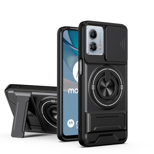 YSONCHAN Phone Case for Motorola Moto G53 5G/G13/G23 Shockproof Cover with Slide Camera Cover 360 Magnetic Rotating Ring Stand Anti-Fingerprint Case. Black