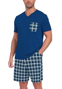 YGJIEGENG Herren Schlafanzug Kurz Zweiteiliger Pyjama Set Nachtwäsche Sommer V Ausschnitt Kurzarm T-Shirt und Karierte Schlafhose Sleepwear mit Taschen Blau Grün Kariert L