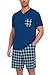 YGJIEGENG Herren Schlafanzug Kurz Zweiteiliger Pyjama Set Nachtwäsche Sommer V Ausschnitt Kurzarm T-Shirt und Karierte Schlafhose Sleepwear mit Taschen Blau Grün Kariert L