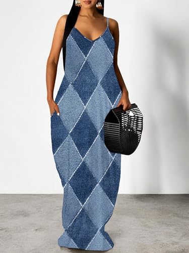 Image of Women's Summer Maxi Dress Spaghetti Strap Floral Boho Beach Long Sundress with Pockets