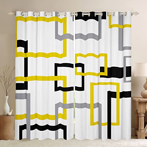 Geometry Square Curtains Abstract Yellow Black Grey Stripes Window Treatment Curtain for Kids Girls Teens Boys Room Decor Adults White Window Curtain Modern Style Window Drapes,Top 2 Panel,38Wx45L