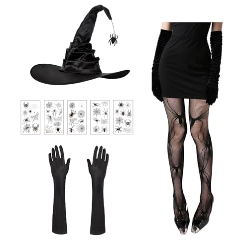 Halloween Hexenkostüm Damen Set - Schwarze Hexenhut Damen mit Spinnenanhänger & Lange Handschuhe & Spinnen Tattoo & Strumpfhose,Hexenhüte Witch...