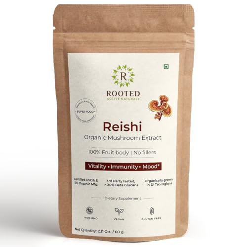 Rooted Reishi mushroom Extract Powder (60 gm) | Heart health, Stress Relief, Liver. USDA Organic, > 30% Beta Glucans, Certified organic