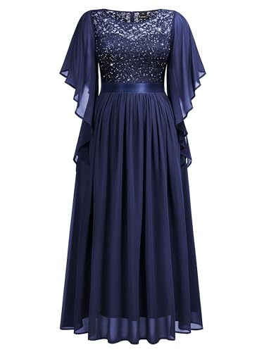 Image of Miusol Women's Plus Size Sequin Lace with Ruffle Cape Cloak Sleeves Elegant Evening Gown Wedding Guest Maxi Dress