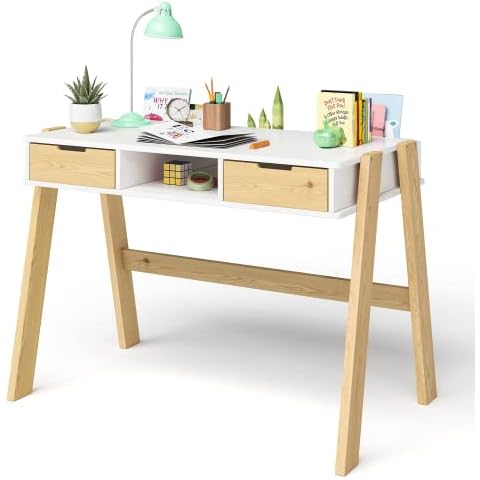 Bellabino Campo Kinderschreibtisch aus Holz in weiß/Natur mit 2 Schubladen 3 Ablagefächern und 3 Aufbewahrungsfächern, Schreibtisch für Kinder ab 6 Jahre, 75 x 59 x 93 cm Cover