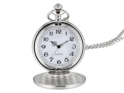 I-MART Relógio de bolso vintage liso com corrente, Prata, Retrô