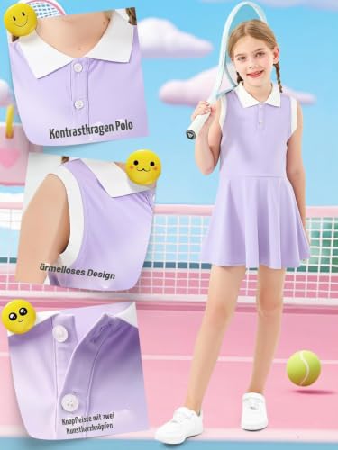 GroYolan Mädchen Tenniskleid ärmellos Polokleid Sportkleid mit Hose und Taschen Tennis Golf Kleid für Sport Casual 5-15 Jahre
