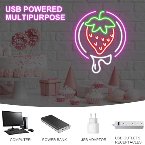 Image of Strawberry Neon Sign Fruit Neon Light USB Dimmable neon Restaurant Bar Club Home Wall Decor Gift, Strawberry Lover, Drink Led light for Wall Decor, Party, Christmas, Wedding, Kawaii art