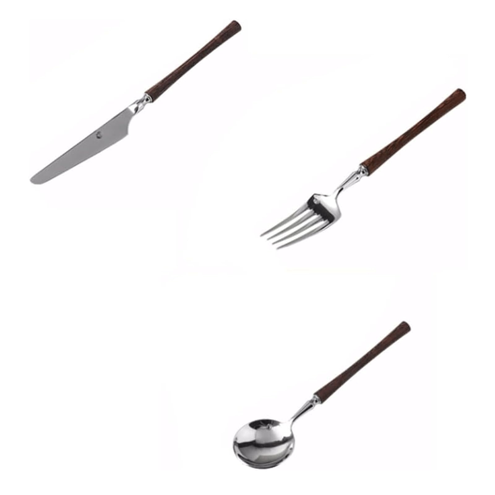 Rieort Knives Forks Spoons Silverware Set Wooden Handle Knife Fork Spoon 1/2/3 Pcs Stainless Steel Spoons Retro Flatware Set Reusable Dinner Forks