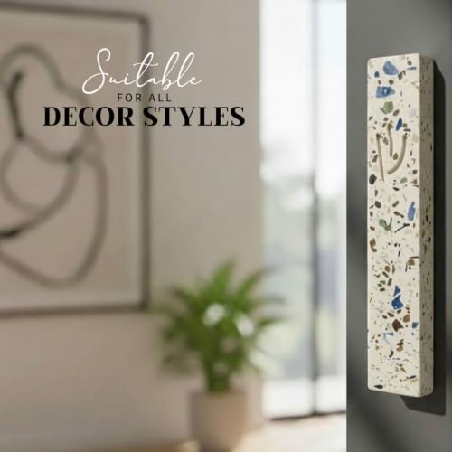 Image of SURI Mezuzah for Door - 6 Inch Terrazzo Turquoise Concrete Mezuzah Case with Non Kosher Scroll, Self-Stick Jewish Entry Design, Fits a 5 Inch Non Kosher Scroll, Gift Box Included