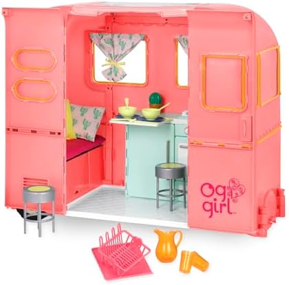 Our Generation R.V. Seeing You Camper, rosa Camping-Anhänger | Rosa Camping-Anhänger für 46-cm-Puppen mit Küche, Bettfunktion und Anhängerkupplung, inkl. Zubehör, 3+ Jahre