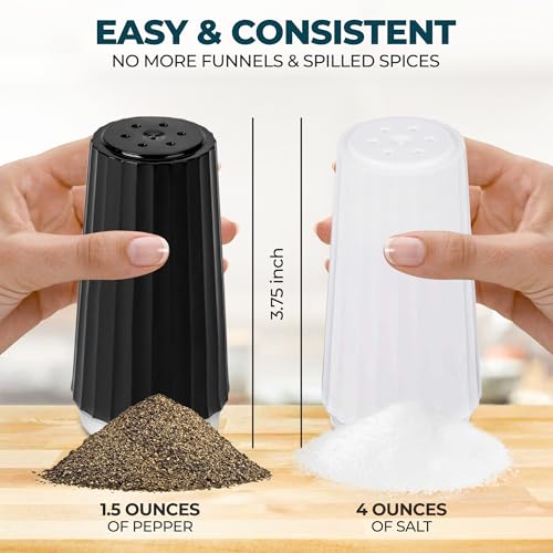 Disposable Plastic Salt and Pepper Shakers Set Bulk [12 Pack] – 6 Prefilled 4 Oz. Iodized Table Salt + 6 Prefilled 1.5 Oz. Pepper Sets for Travel Camping Outdoor - Small Mini Holes for Even Dispensing - Thumbnail 2