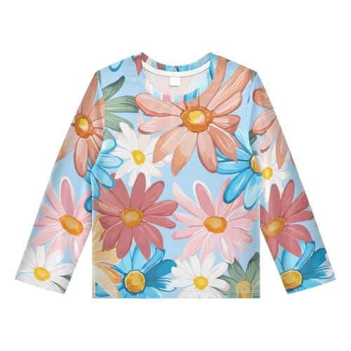 Colorful Daisy Floral Blue Boy's Rash Guard Swim Shirt Long Sleeve Sun Shirt for Running Swiming Pool UPF50+ 3T