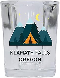 R and R Imports Klamath Falls Oregon 2 Ounce Square Base Liquor Shot Glass Tent Design