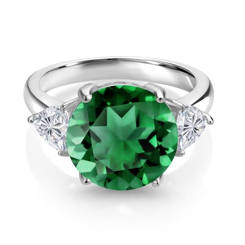 Gem Stone King 925 Sterling Silver Green Nano Emerald and Lab Grown Diamond Engagement Ring For Women | 5.74 Cttw | Round 12MM and Trillion 5MM | Available in Size 5,6,7,8,92